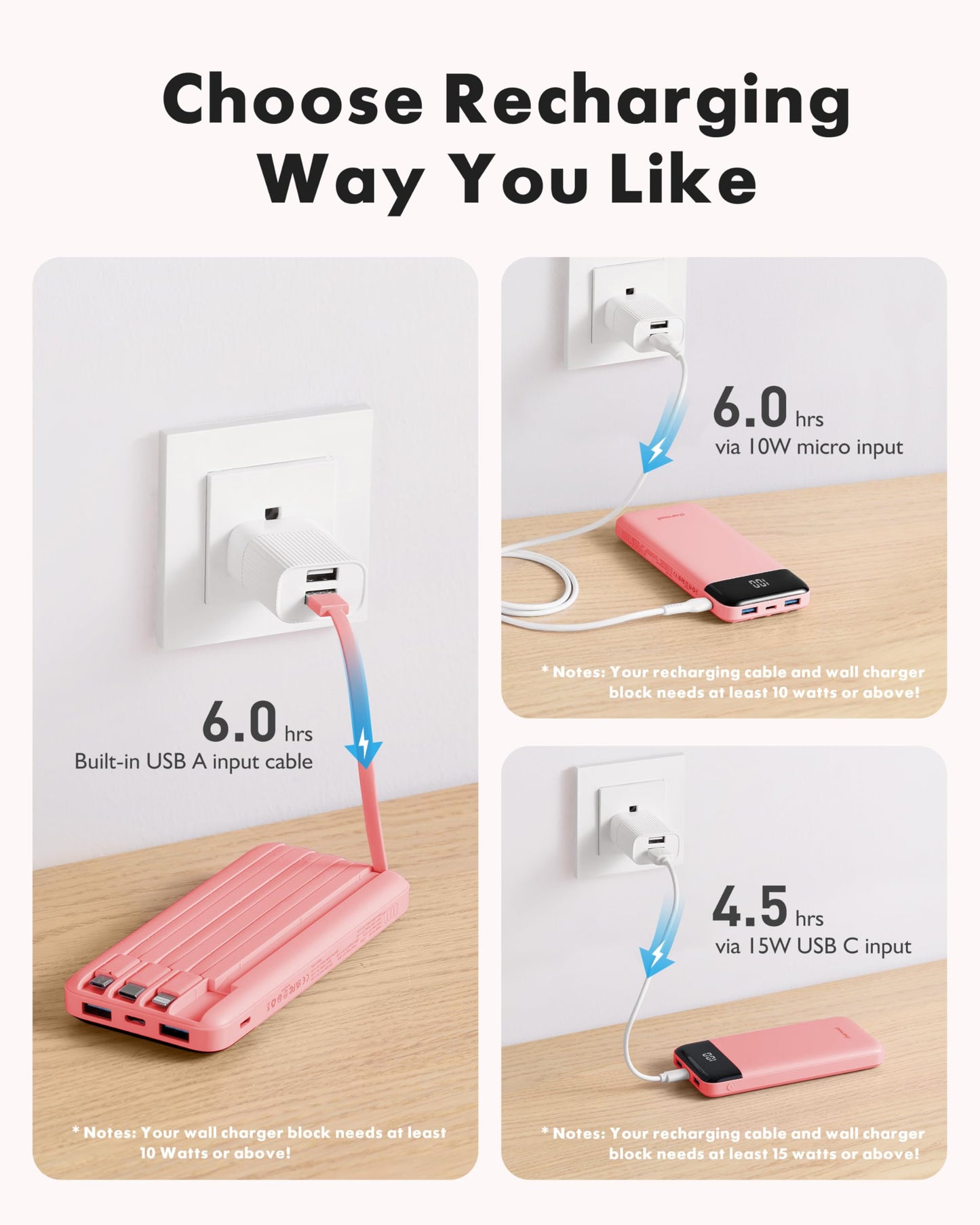 Portable Charger with Built in Cables, Portable Charger with Cords Wires Slim 10000mAh Travel Battery Pack 6 Outputs 3 Inputs 3A Fast Charging Power Bank for Samsung Google Pixel LG Moto iPhone iPad