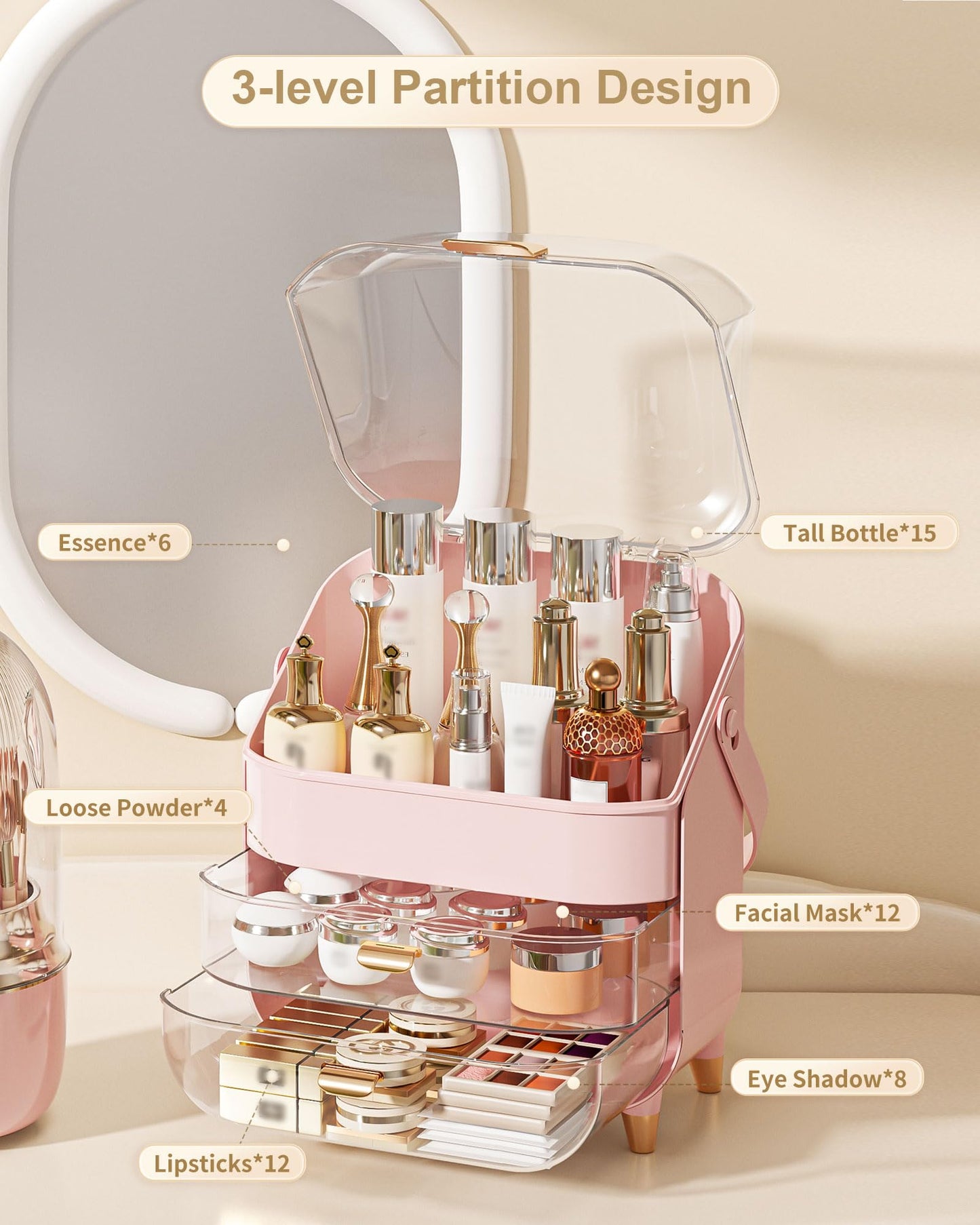 Makeup Organizer, Skincare Holder Bathroom Counter Organizer, Storage Box Cosmetic Display Cases, Teen Girl Gifts Trendy Stuff Make up Organizers for Vanity, Dresser, Countertop (Rose Gold)