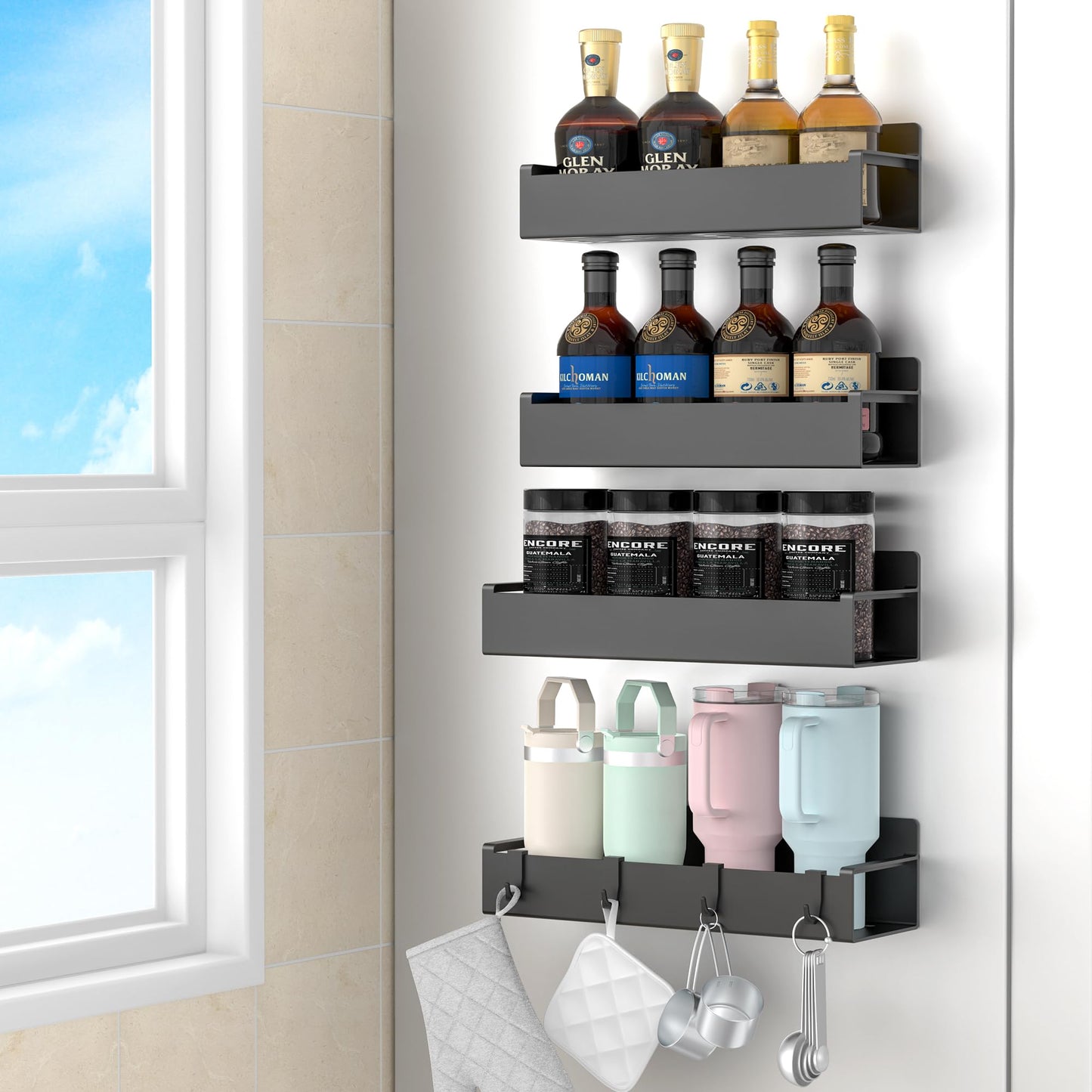 4 Pack Magnetic Spice Storage Rack Organizer for Refrigerator and Oven, Black Fridge Organizers and Storage