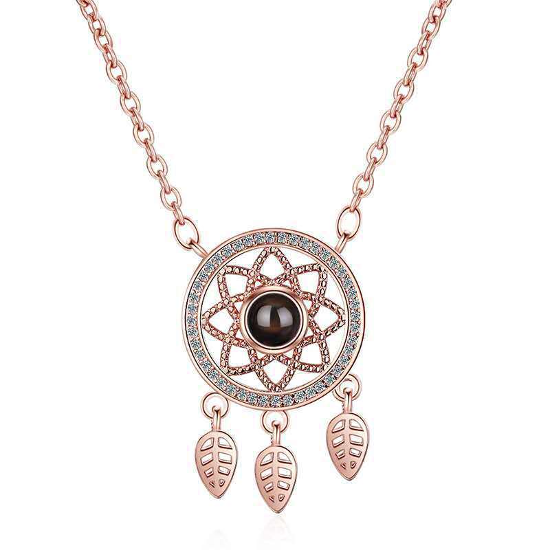 100 languages, I love you, dreamcatcher, projection necklace, silver clavicle chain