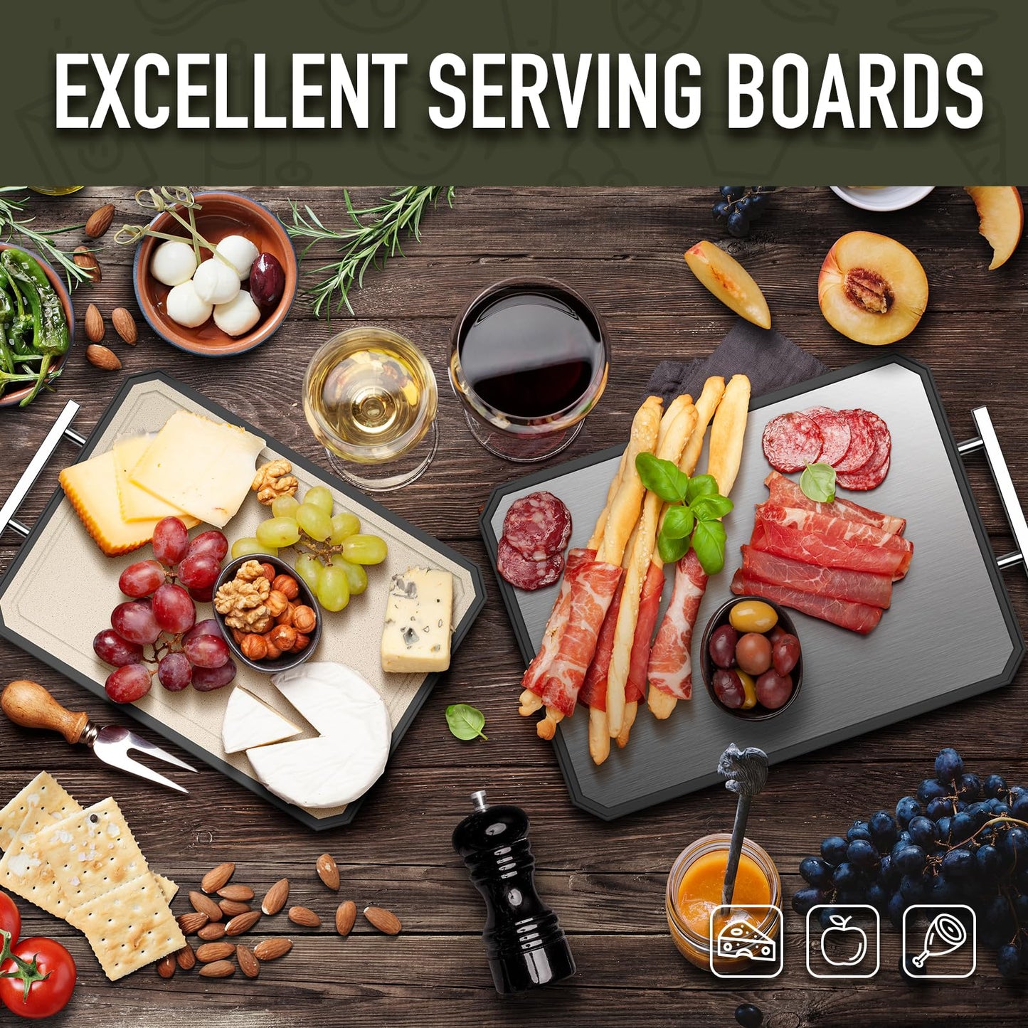 SNOWCLAD Stainless Steel Cutting Board,Double Sided Steel Cutting Boards for kitchen,Stainless Steel/Wheat straw pp Large Cutting Board for meat,Dishwasher Safe,non toxic Chopping Board,16 * 11 Inch
