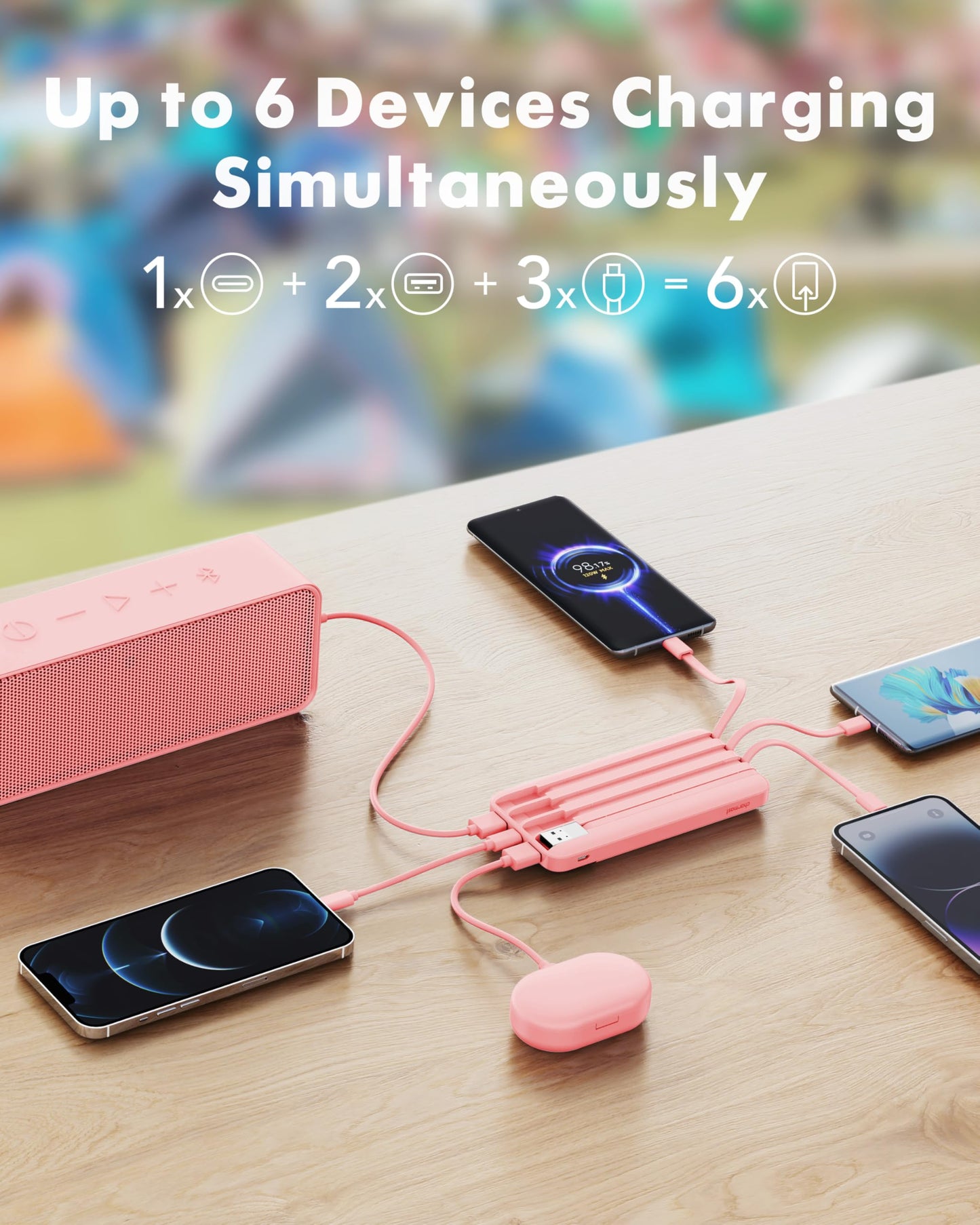 Portable Charger with Built in Cables, Portable Charger with Cords Wires Slim 10000mAh Travel Battery Pack 6 Outputs 3 Inputs 3A Fast Charging Power Bank for Samsung Google Pixel LG Moto iPhone iPad