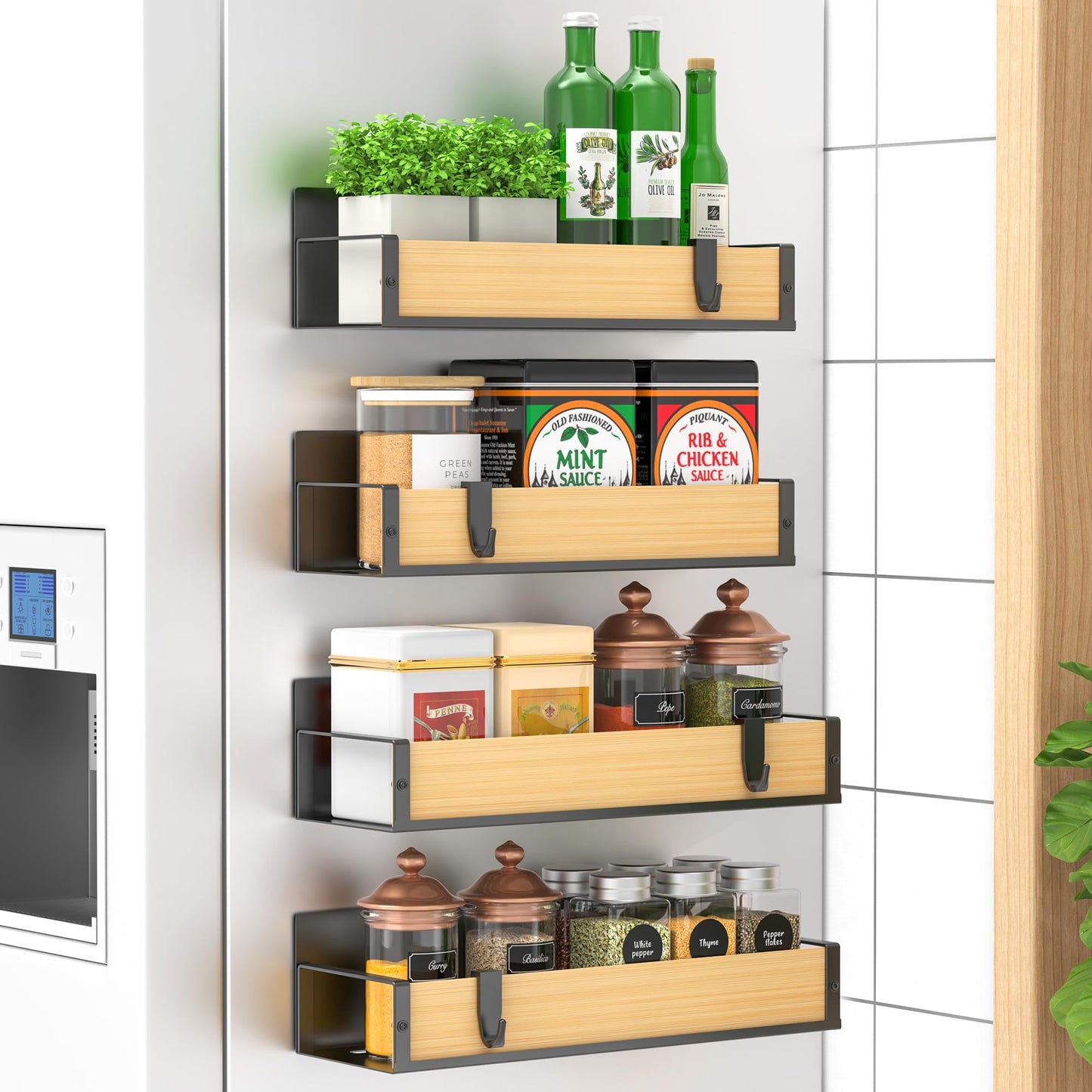 4 Pack Magnetic Spice Storage Rack Organizer for Refrigerator and Oven, Black Fridge Organizers and Storage