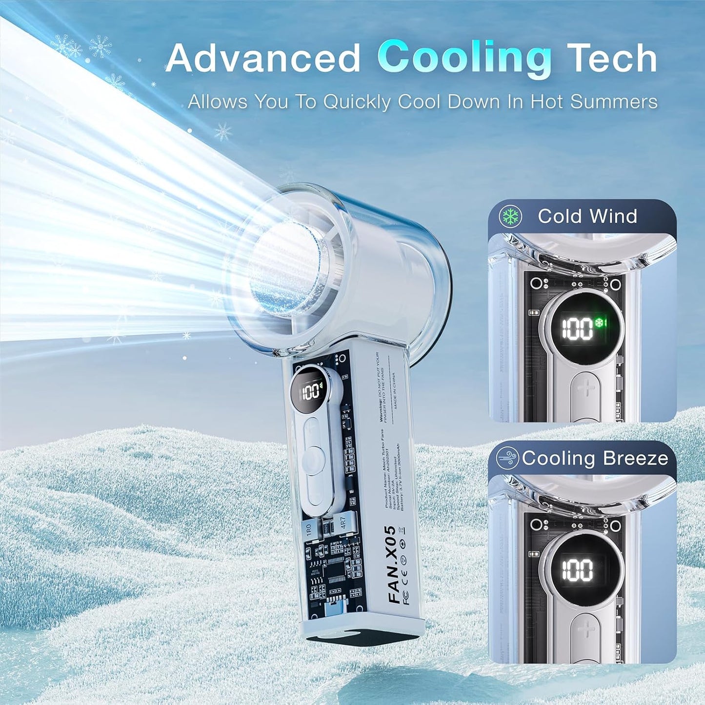 Handheld Portable Trubo Fan for Ice Cooling - 1-100 Adjustable Powerful Mini Cooling Personal Fan - 3000mAh Rechargeable,18H,Led Display - Essentials Gifts For Travel,Outdoor,Camping,Women,Man -white