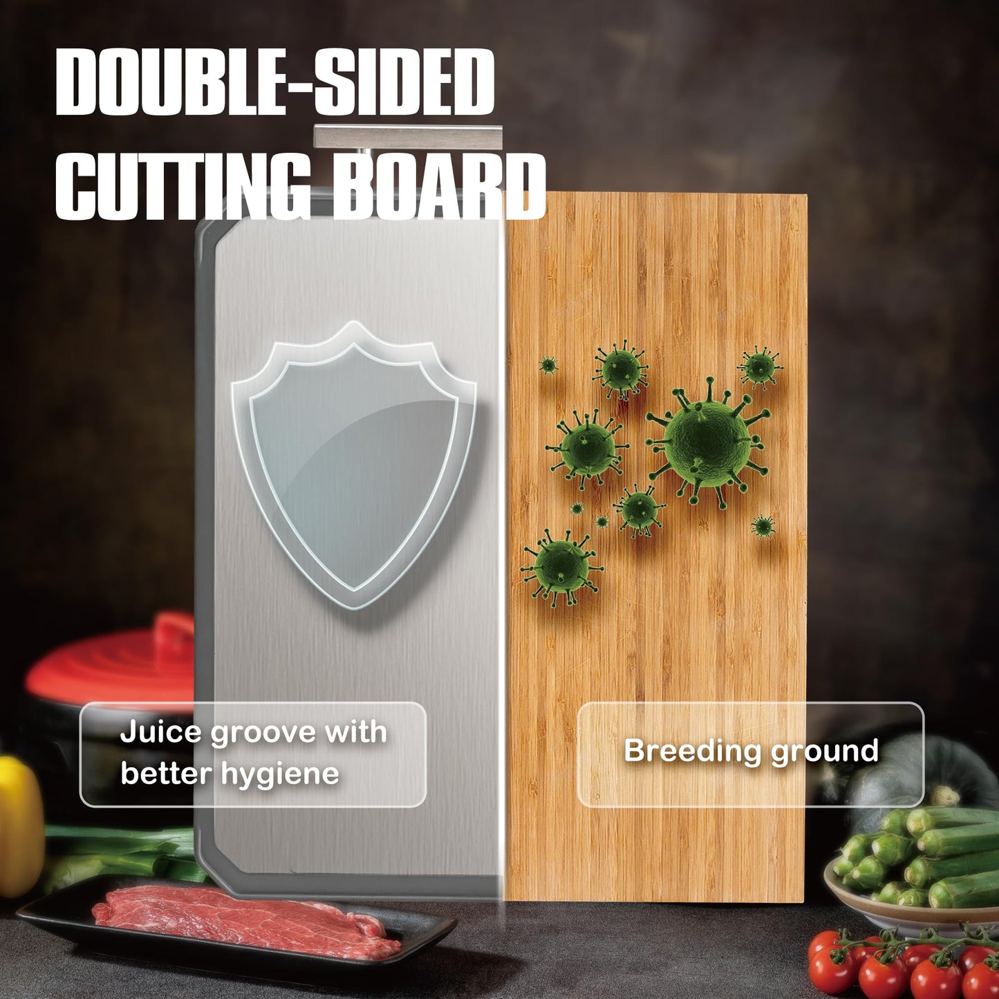 SNOWCLAD Stainless Steel Cutting Board,Double Sided Steel Cutting Boards for kitchen,Stainless Steel/Wheat straw pp Large Cutting Board for meat,Dishwasher Safe,non toxic Chopping Board,16 * 11 Inch