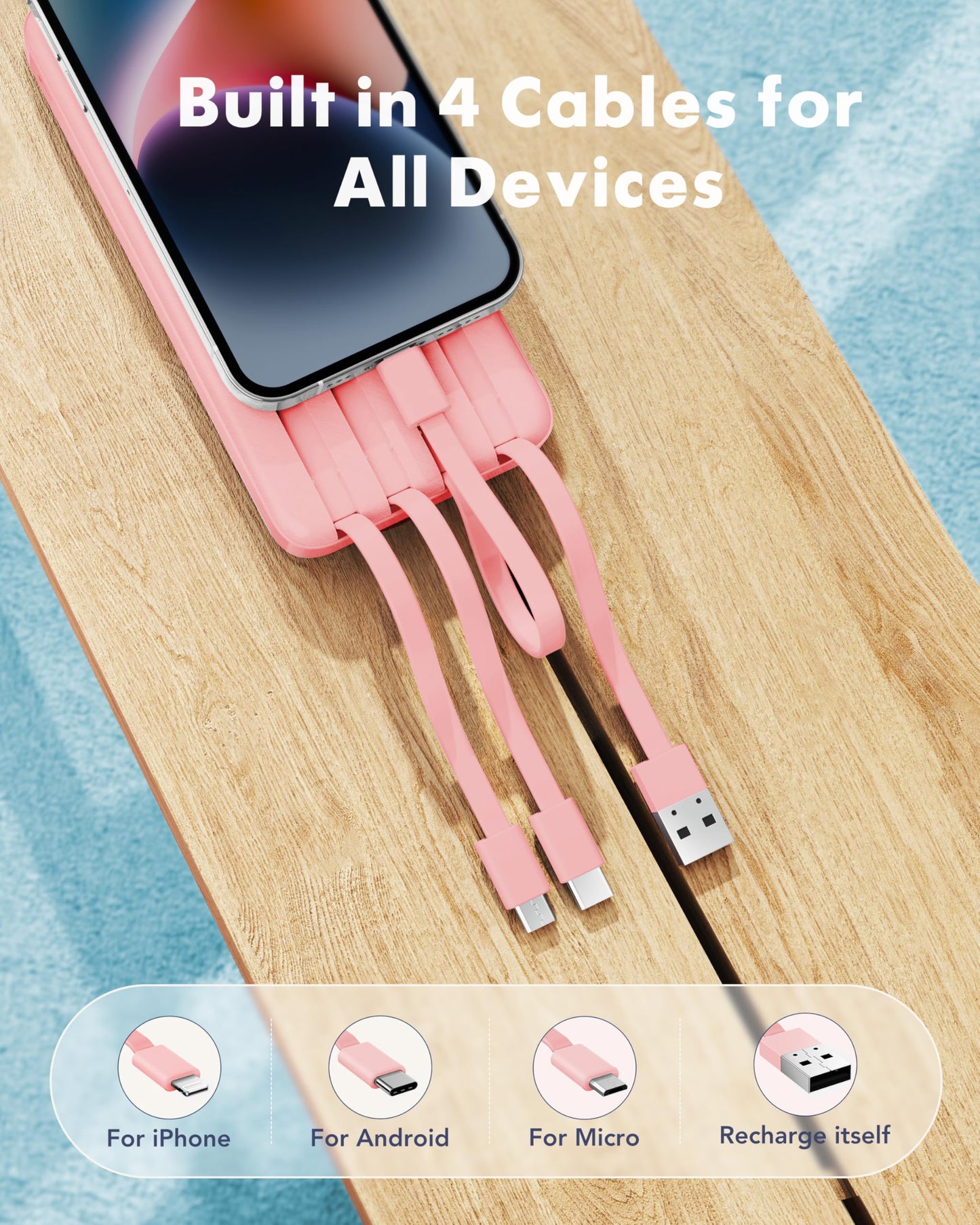 Portable Charger with Built in Cables, Portable Charger with Cords Wires Slim 10000mAh Travel Battery Pack 6 Outputs 3 Inputs 3A Fast Charging Power Bank for Samsung Google Pixel LG Moto iPhone iPad