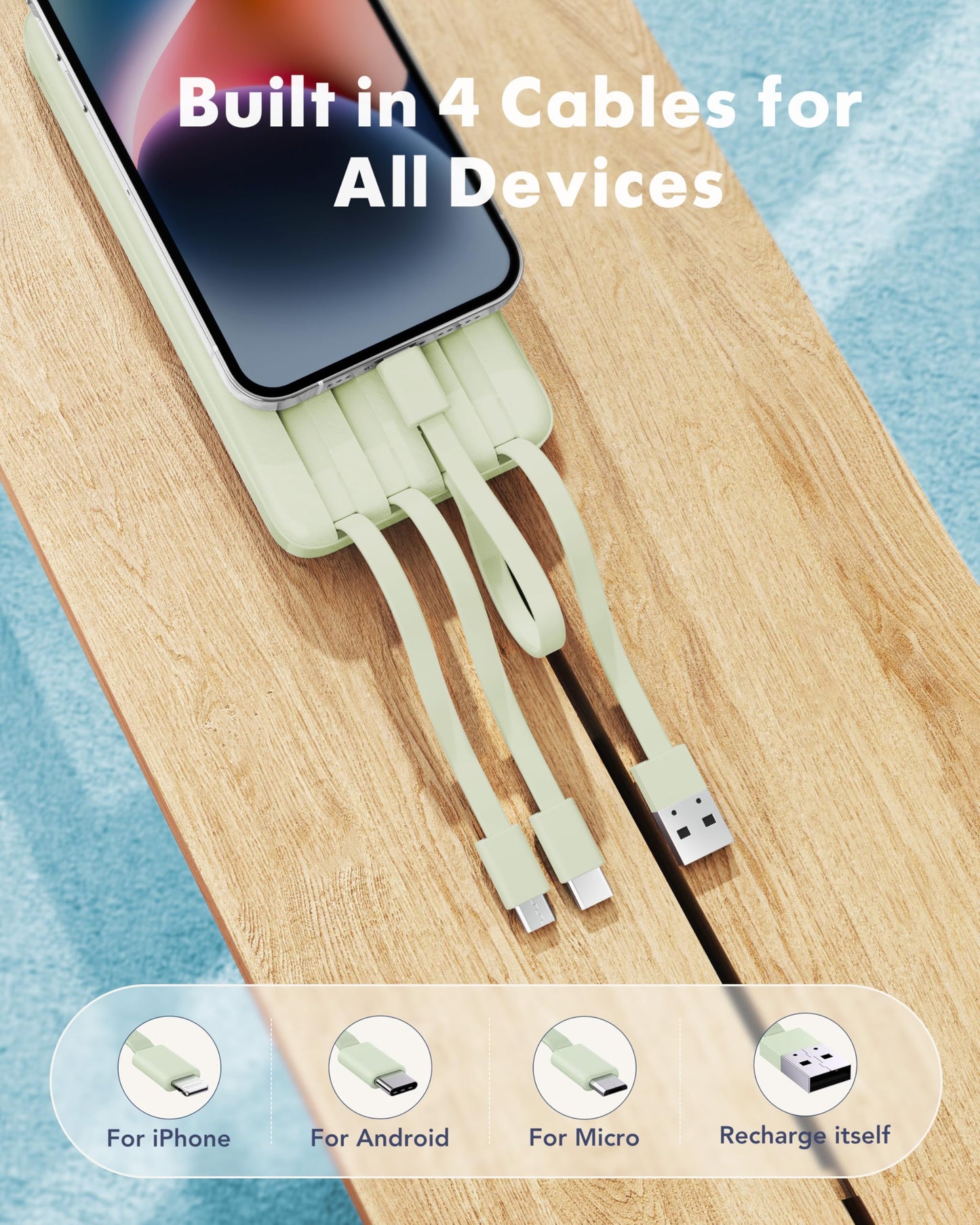 Portable Charger with Built in Cables, Portable Charger with Cords Wires Slim 10000mAh Travel Battery Pack 6 Outputs 3 Inputs 3A Fast Charging Power Bank for Samsung Google Pixel LG Moto iPhone iPad
