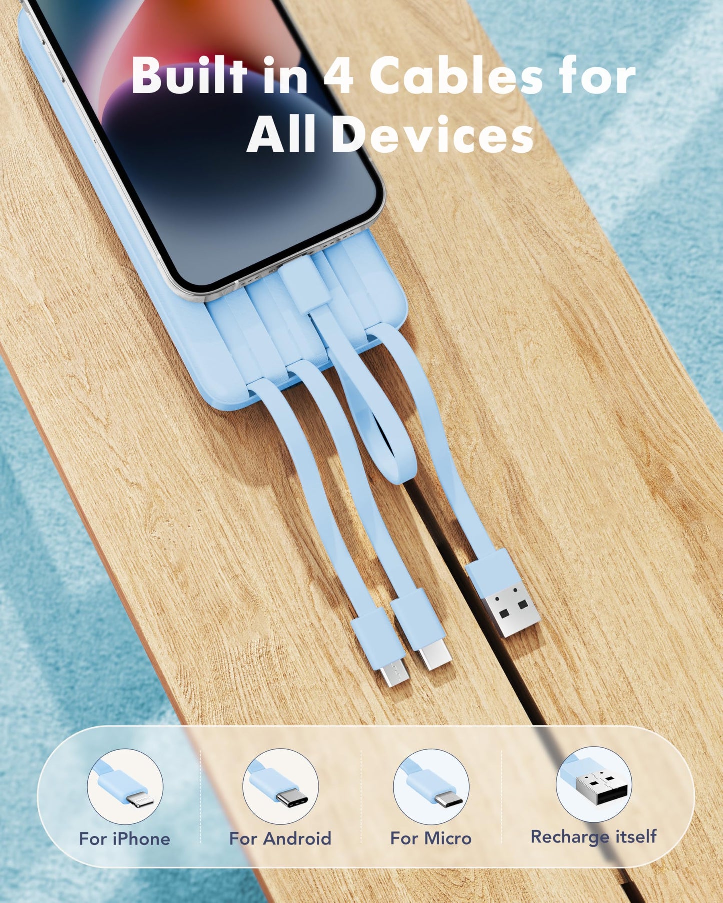 Portable Charger with Built in Cables, Portable Charger with Cords Wires Slim 10000mAh Travel Battery Pack 6 Outputs 3 Inputs 3A Fast Charging Power Bank for Samsung Google Pixel LG Moto iPhone iPad