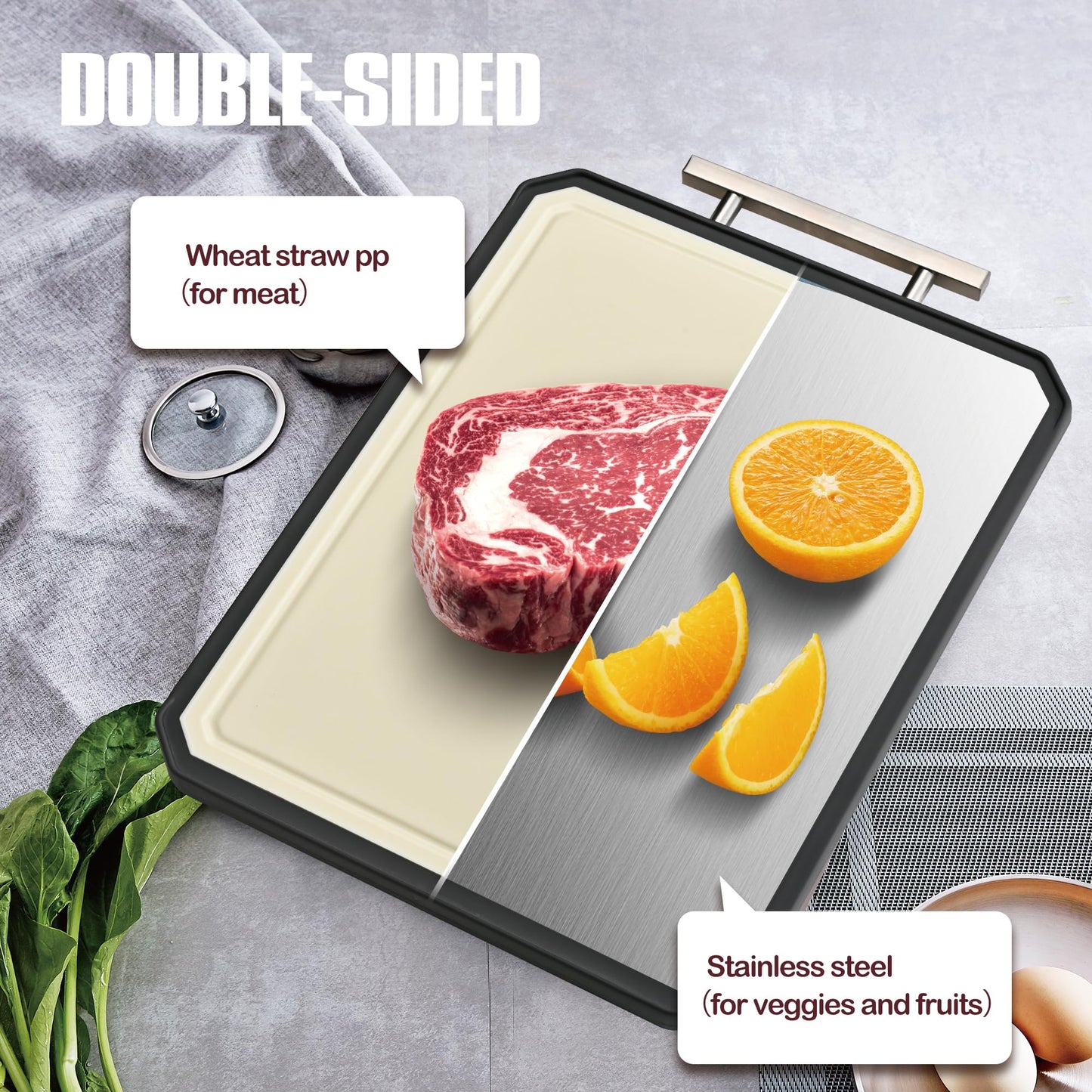 SNOWCLAD Stainless Steel Cutting Board,Double Sided Steel Cutting Boards for kitchen,Stainless Steel/Wheat straw pp Large Cutting Board for meat,Dishwasher Safe,non toxic Chopping Board,16 * 11 Inch