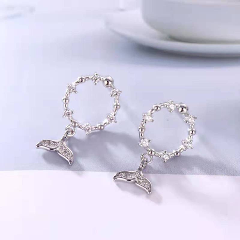 S925 sterling silver needlefish tail zircon delicate net red drop earrings cute sweet earrings ear clip