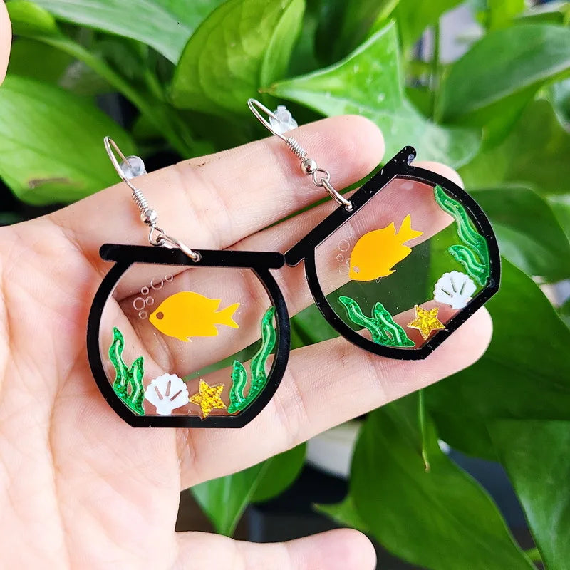 Aquarium Shape Acrylic Earrings Transparent Geometry Cute Fish