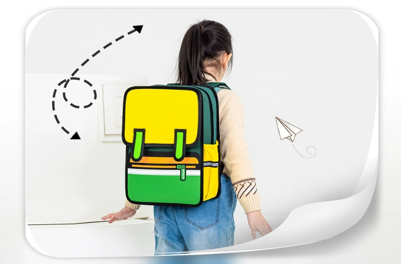 Person wearing a colorful backpack with text and graphics on a light gray background