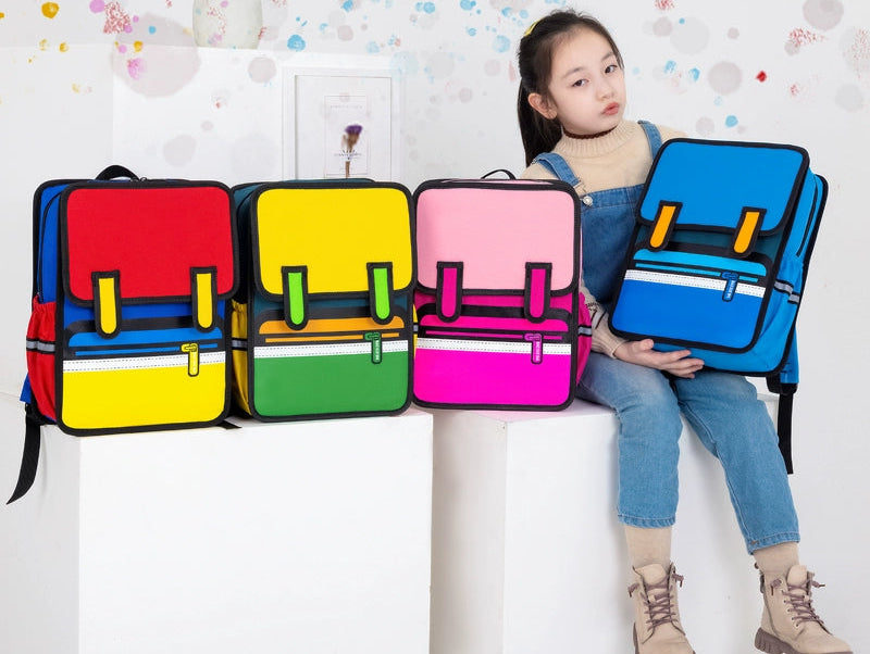 Colorful backpacks with a girl holding one, against a colorful background with text.