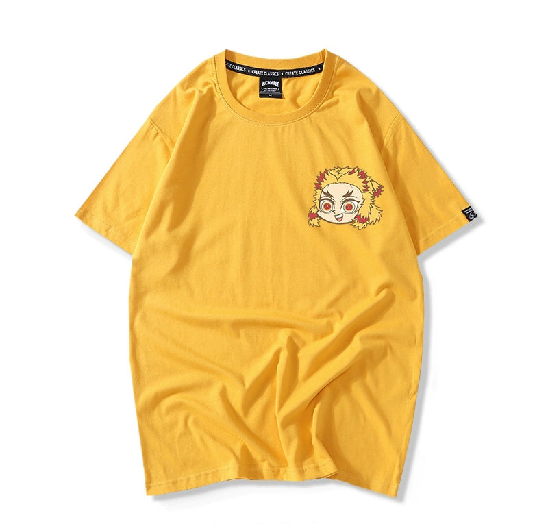 Ghost Slayer Blade surrounding design sense hand-painted printing short-sleeved t-shirt men and women pure cotton loose apricot Juro Zenyi half-sleeve