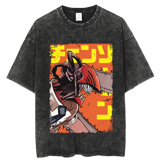 Chainsaw Men's Shirt Cotton Vintage Washed Anime Cotton T-Shirt American Street Plus Size Men's Top Harajuku Style