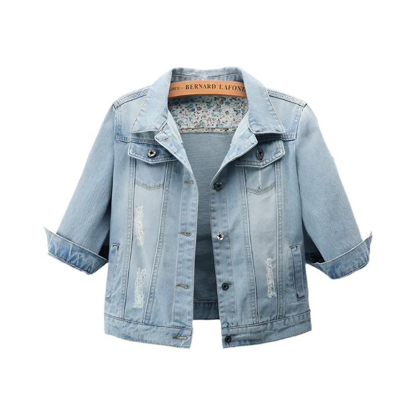 Short Denim Shawl Jacket – Half Sleeve Chic for Halter Skirts & Layered Looks