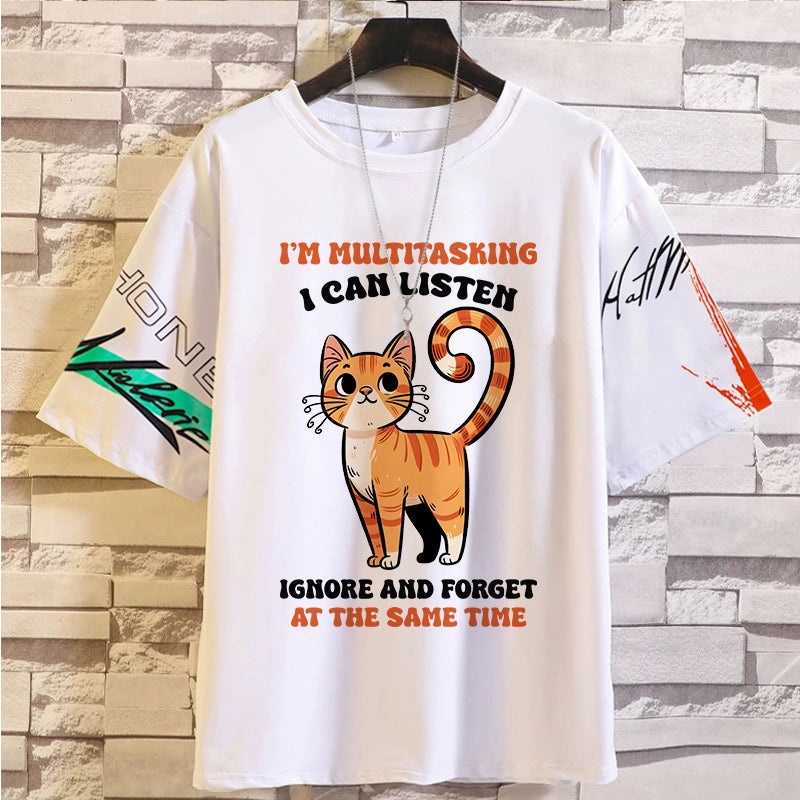 Spoof Cat Short Sleeve T-Shirt for Men and Women Summer Anime Peripheral Loose Casual Teen Clothes Tide Style