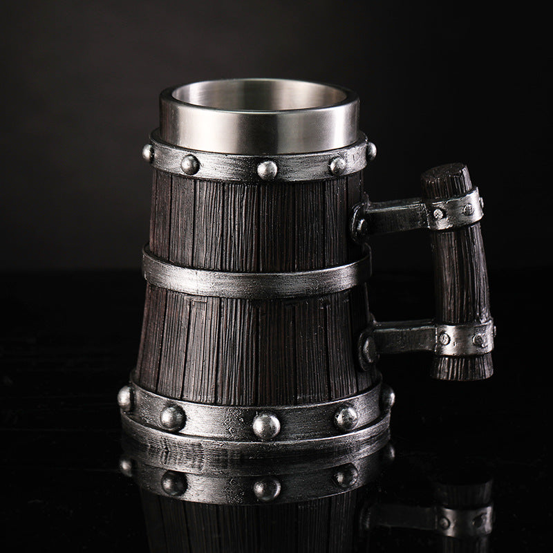 Cross-border new wooden barrel beer mug creative large capacity bar mug water cup personality imitation wood stainless steel mug