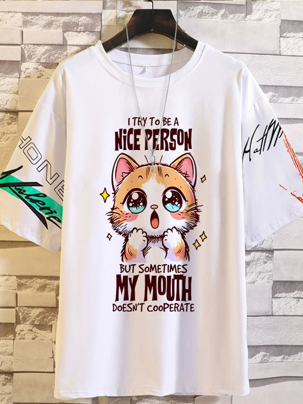 Spoof Cat Short Sleeve T-Shirt for Men and Women Summer Anime Peripheral Loose Casual Teen Clothes Tide Style