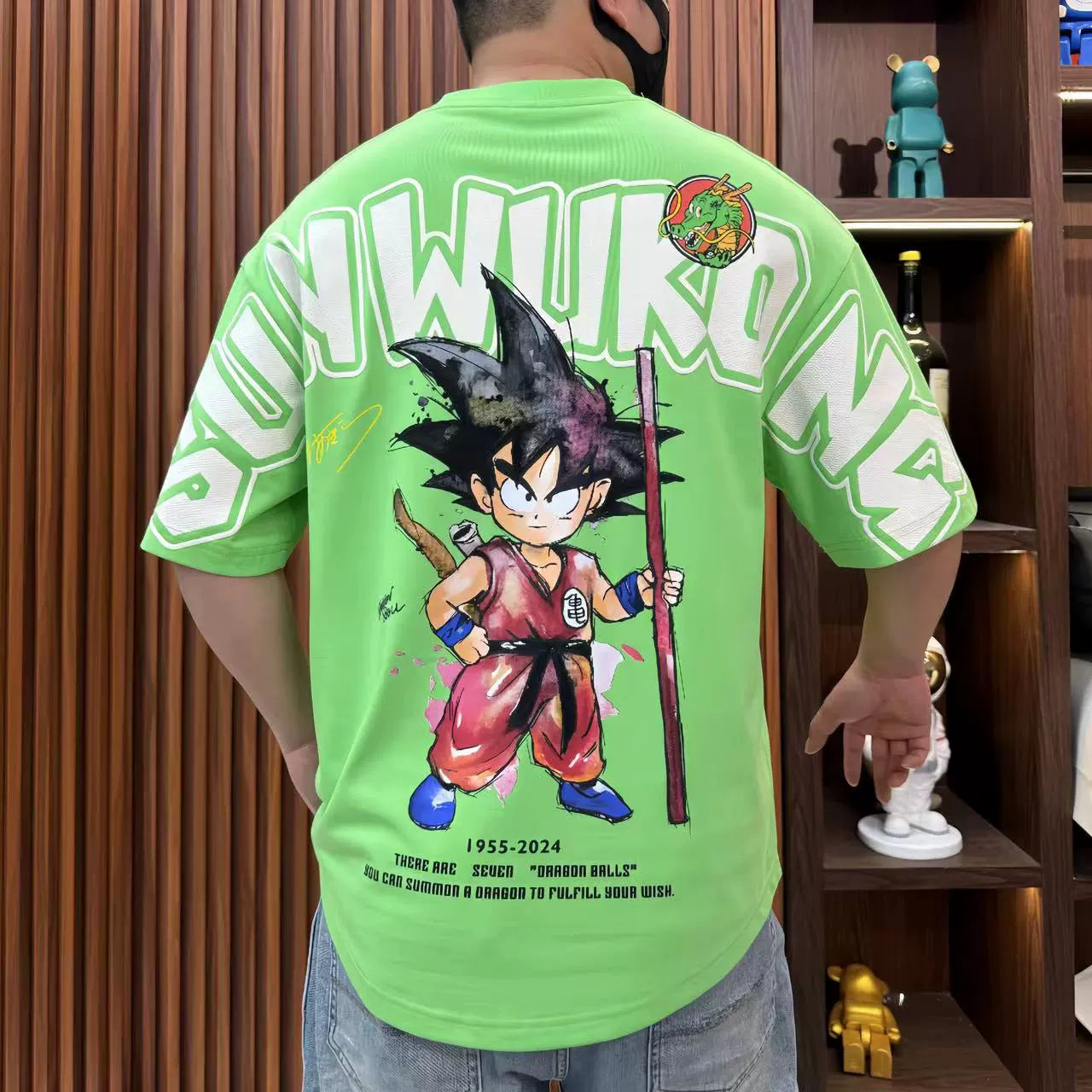 Goku Summer Graphic Tee Curved-Hem Anime T-Shirt for Men (Loose Fit)