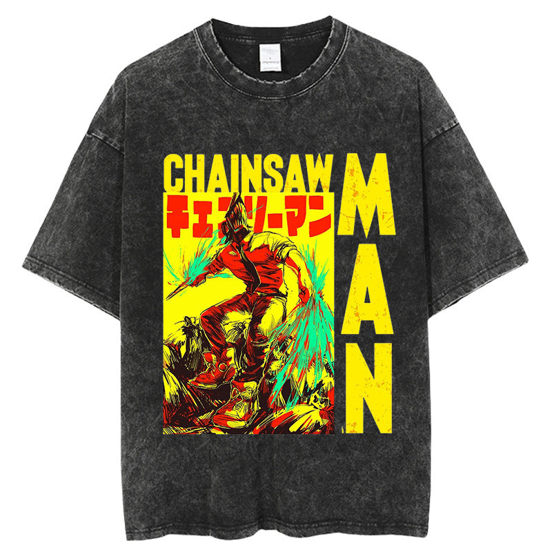 Chainsaw Men's Shirt Cotton Vintage Washed Anime Cotton T-Shirt American Street Plus Size Men's Top Harajuku Style