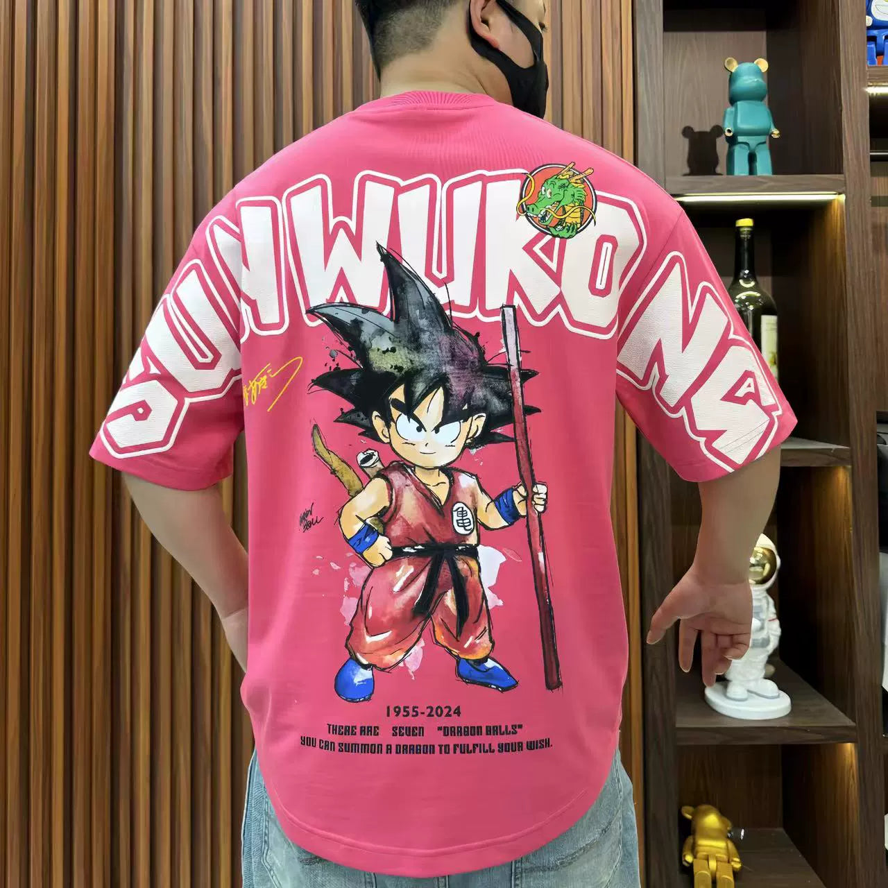 Goku Summer Graphic Tee Curved-Hem Anime T-Shirt for Men (Loose Fit)