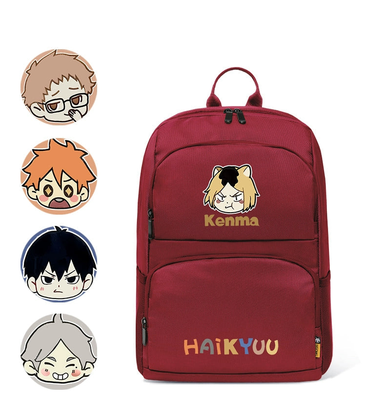 Red backpack with 'Haikyuu' character designs on a white background