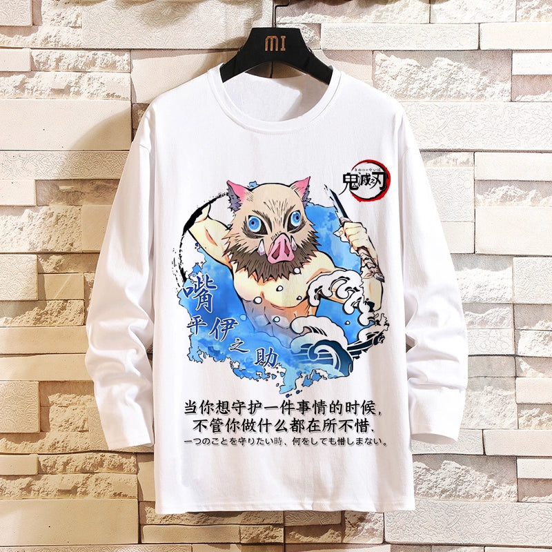 Demon Slayer Blade Anime 2D Long-Sleeved T-Shirt Mens and Womens Trend Print Top Clothes Mouth Hei Inosuke Perimeter Autumn Wear