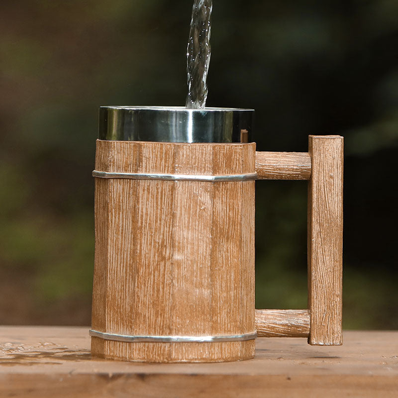 Cross-border new wooden barrel beer mug creative large capacity bar mug water cup personality imitation wood stainless steel mug