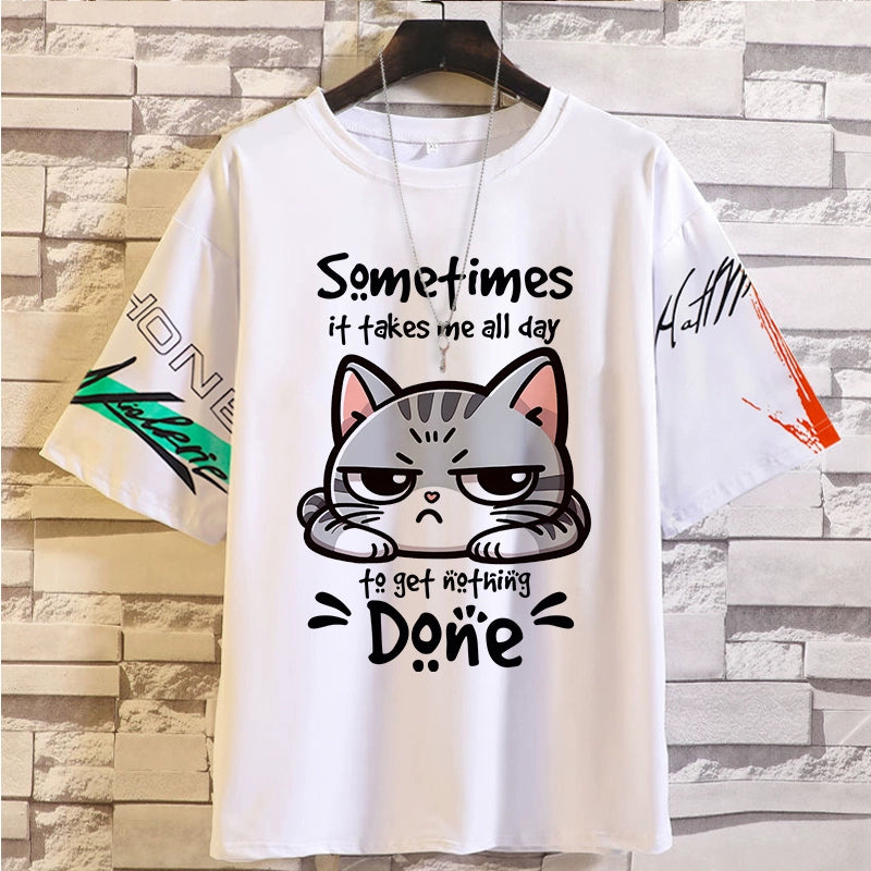 Spoof Cat Short Sleeve T-Shirt for Men and Women Summer Anime Peripheral Loose Casual Teen Clothes Tide Style