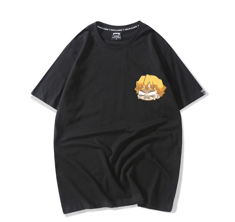 Ghost Slayer Blade surrounding design sense hand-painted printing short-sleeved t-shirt men and women pure cotton loose apricot Juro Zenyi half-sleeve