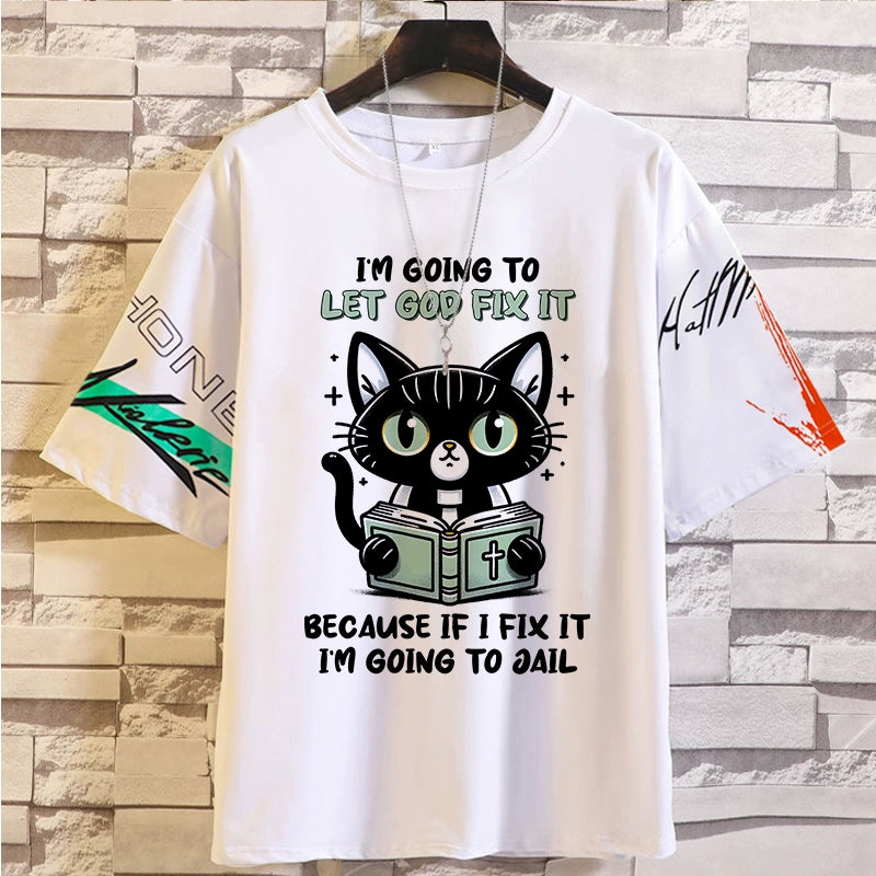 Spoof Cat Short Sleeve T-Shirt for Men and Women Summer Anime Peripheral Loose Casual Teen Clothes Tide Style