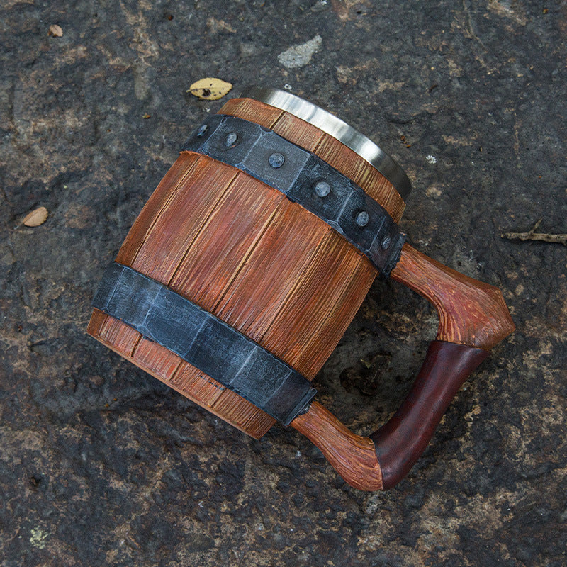 Cross-border new wooden barrel beer mug creative large capacity bar mug water cup personality imitation wood stainless steel mug