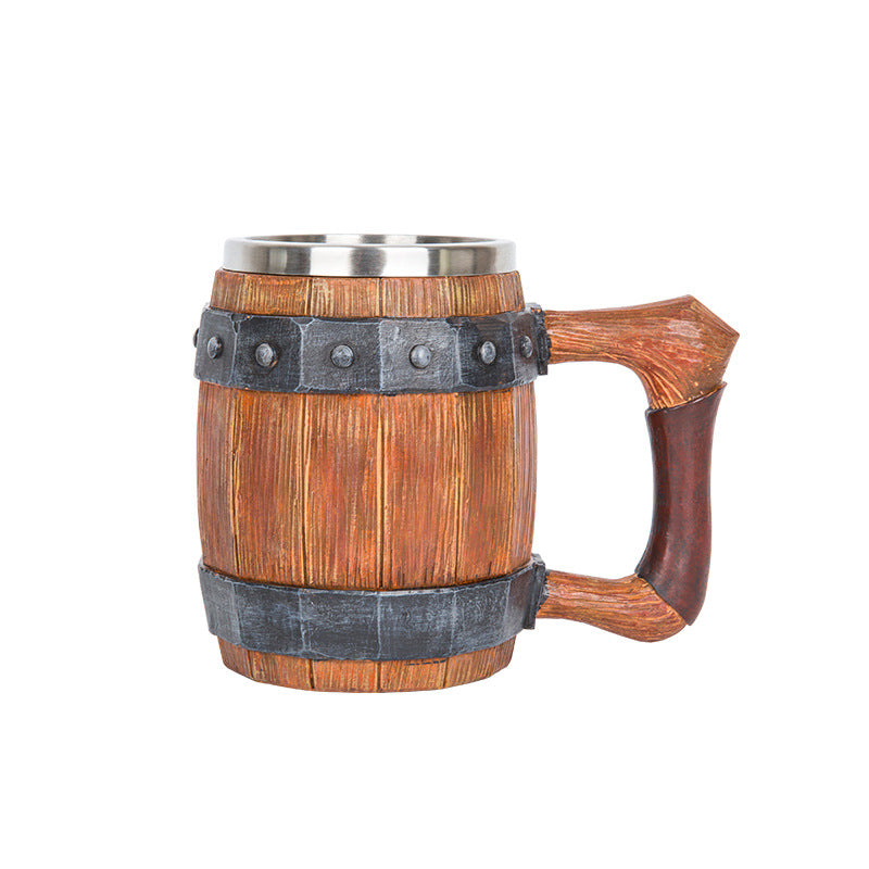 Cross-border new wooden barrel beer mug creative large capacity bar mug water cup personality imitation wood stainless steel mug