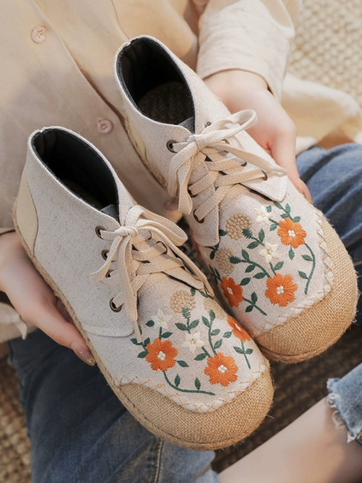 Mid-Top Linen Vintage Lace-up Old Beijing Cloth Shoes