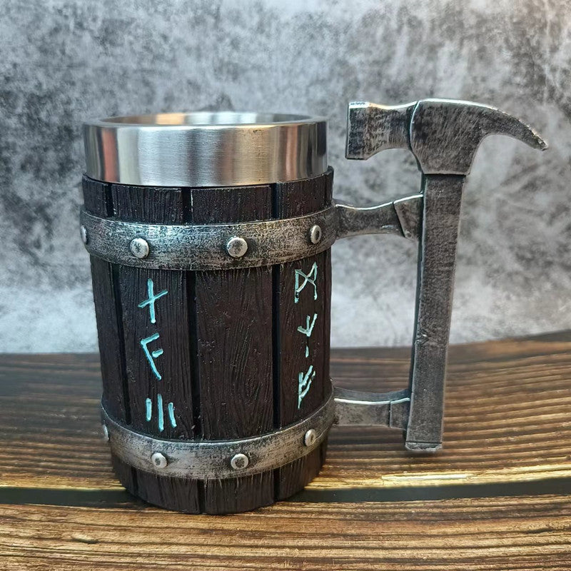 Cross-border new wooden barrel beer mug creative large capacity bar mug water cup personality imitation wood stainless steel mug