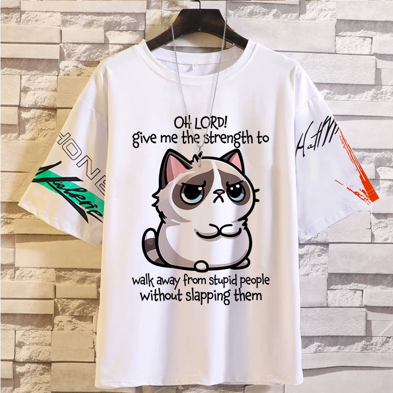 Spoof Cat Short Sleeve T-Shirt for Men and Women Summer Anime Peripheral Loose Casual Teen Clothes Tide Style