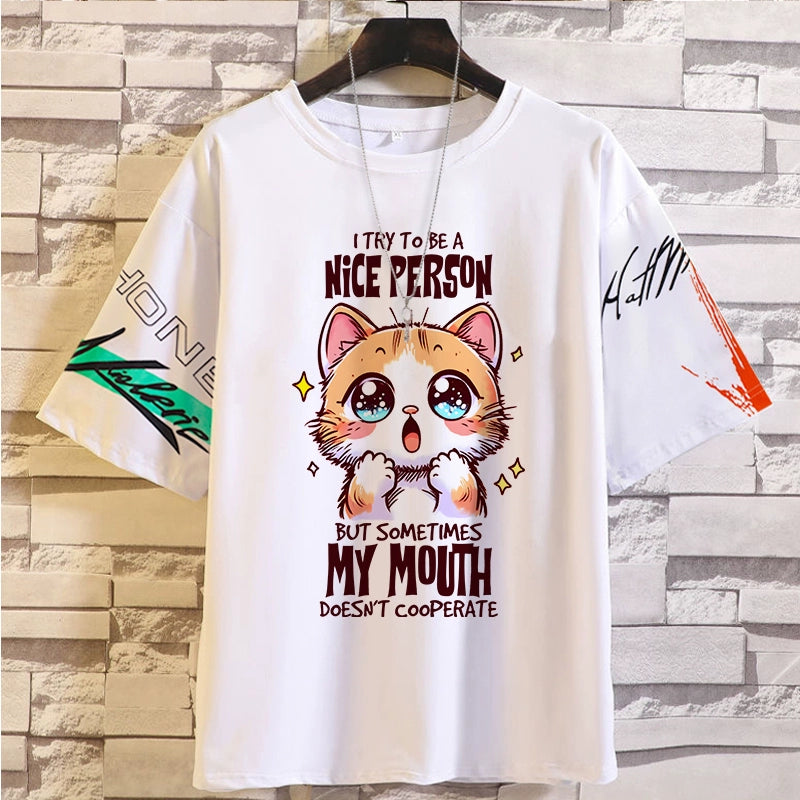 Spoof Cat Short Sleeve T-Shirt for Men and Women Summer Anime Peripheral Loose Casual Teen Clothes Tide Style