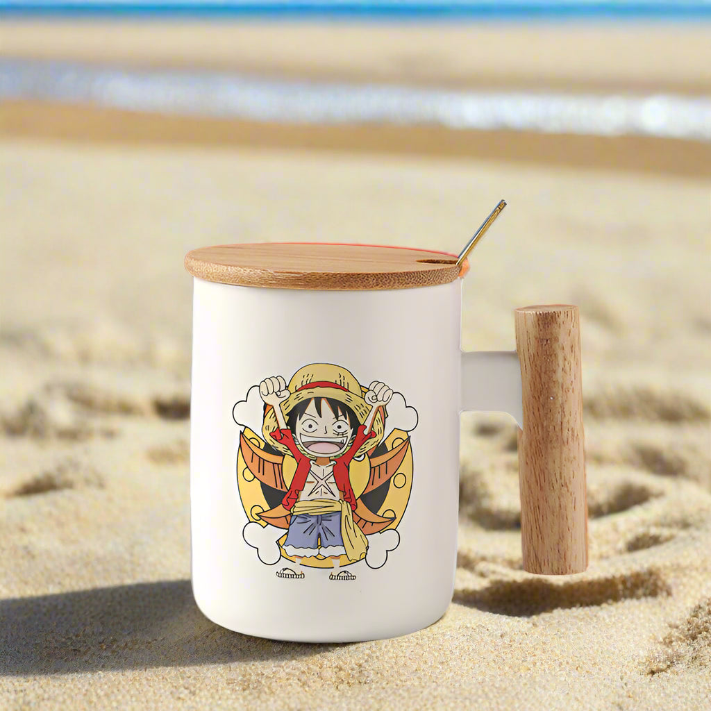 One Piece Luffy Mug with Lid & Spoon Cute Ceramic Coffee Cup Gift