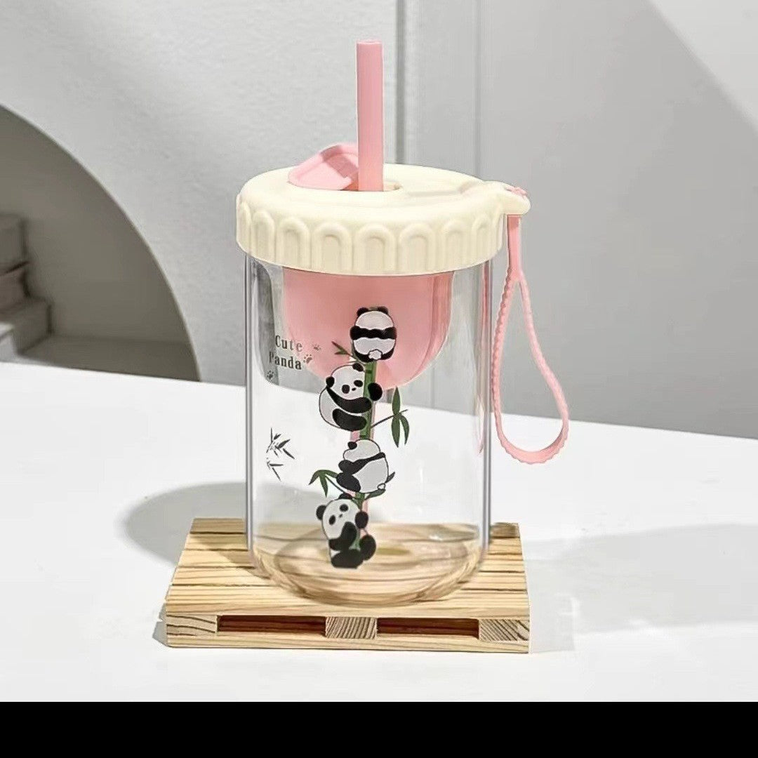 (2pcs) Glass Cup Set-Portable borosilicate water cup with lid straw cup tea drain cup.