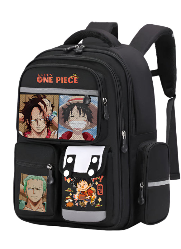 Black backpack with anime character designs on a white background