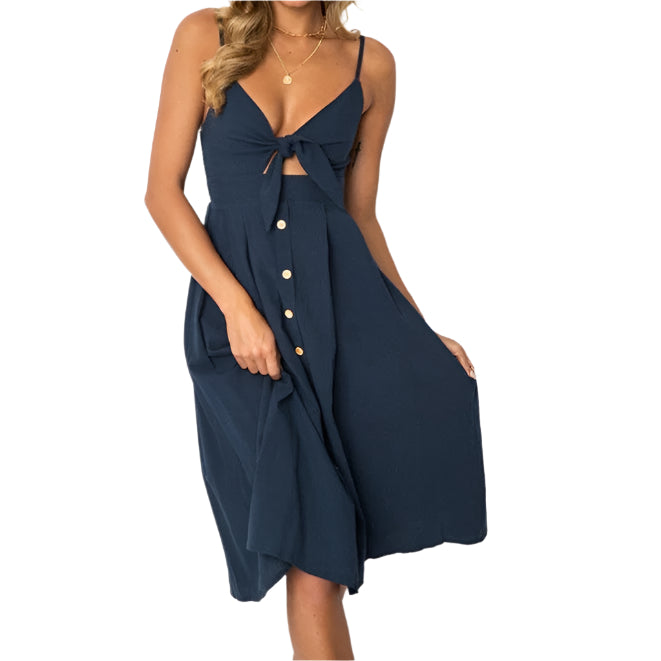 Elegant V-Neck Suspender Dress – Sophisticated Style for Any Occasion