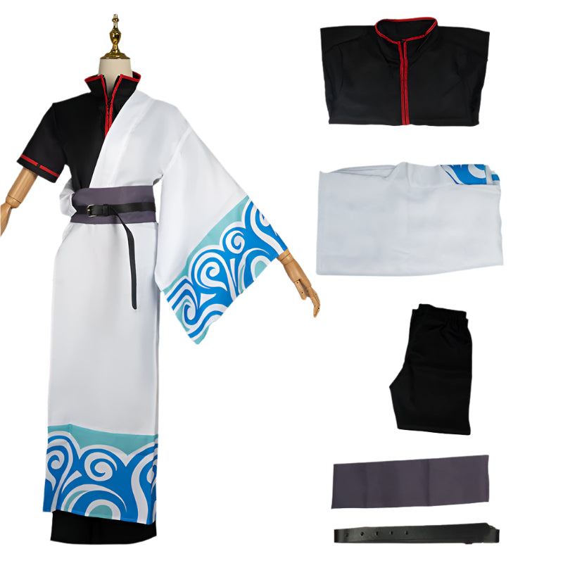 Traditional Japanese kimono with blue and white patterns on a mannequin against a blue background.