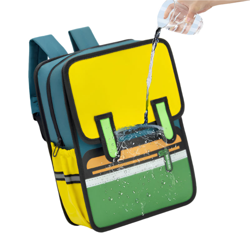 Colorful backpack with water being poured onto it against a light blue background