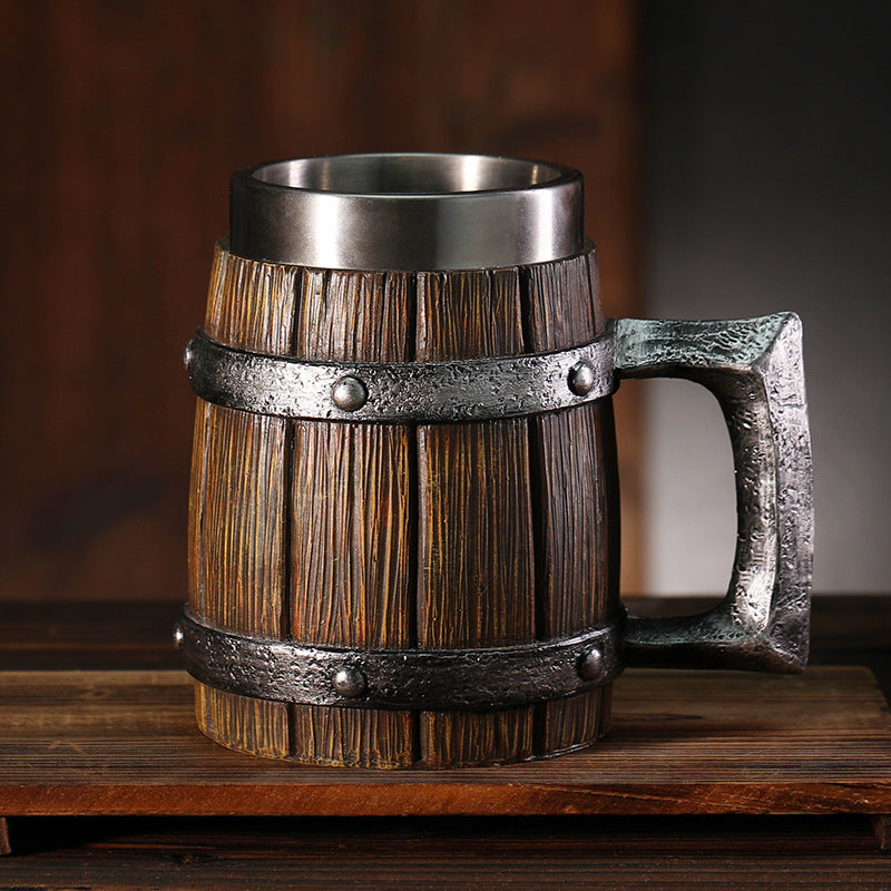 Cross-border new wooden barrel beer mug creative large capacity bar mug water cup personality imitation wood stainless steel mug