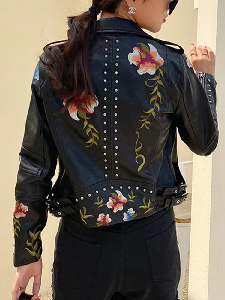 Ailegogo Vintage Floral Faux Leather Jacket – Retro Rebel Vibes with Anime Elegance