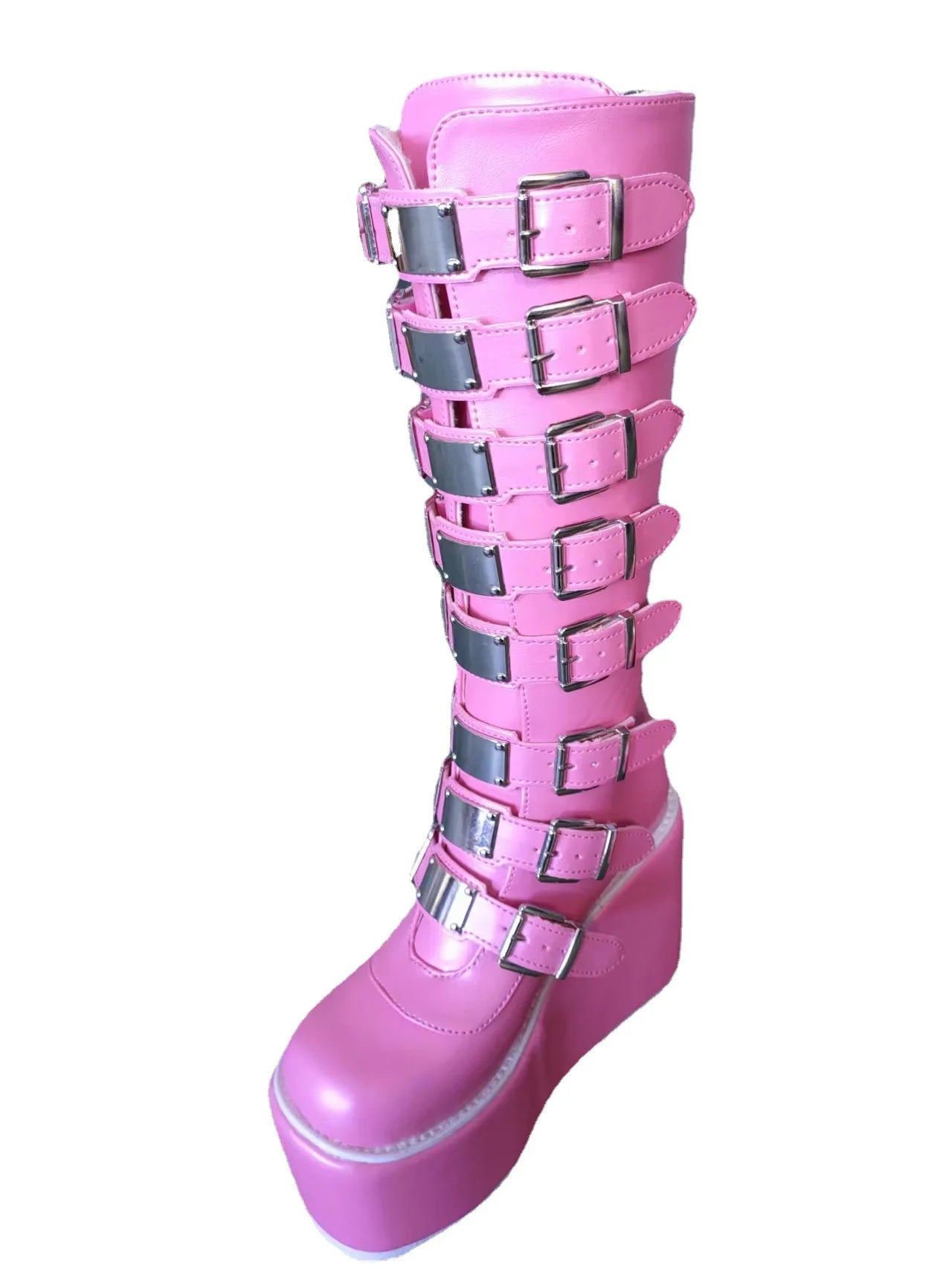 Pink Heart Buckle Knee-High Boots – Kawaii Goth Platform Power for Cosplay Queens