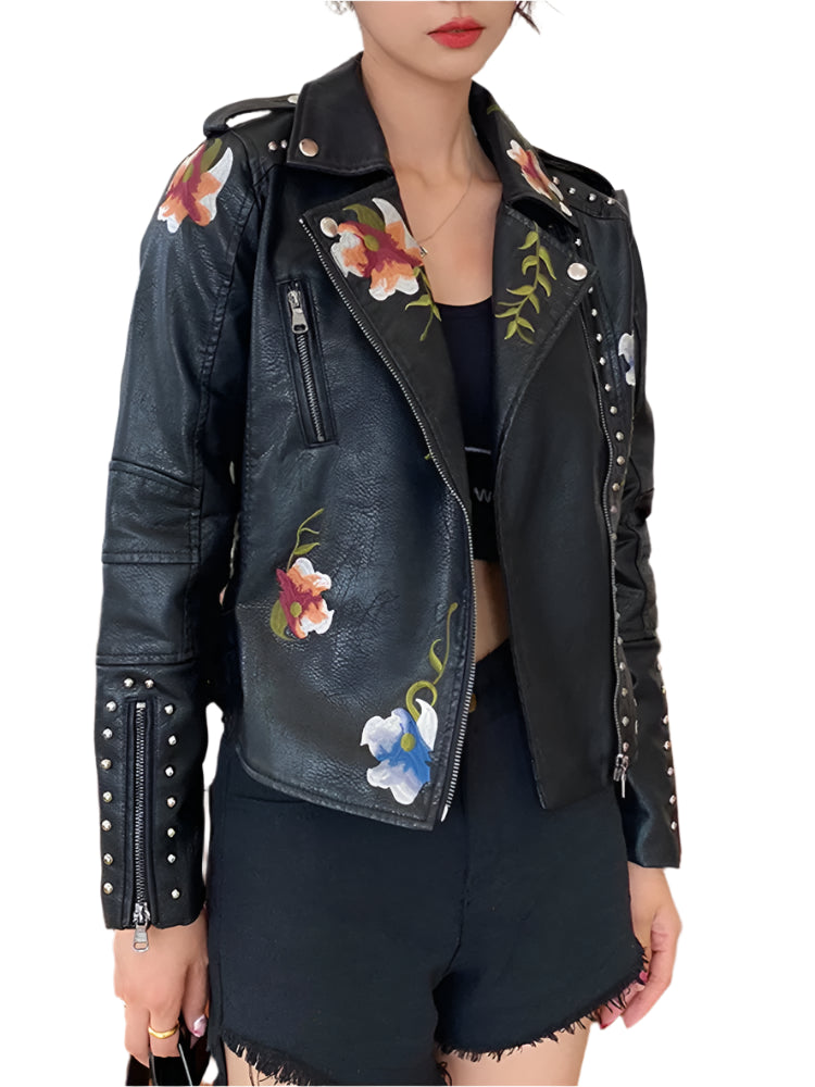 Ailegogo Vintage Floral Faux Leather Jacket – Retro Rebel Vibes with Anime Elegance
