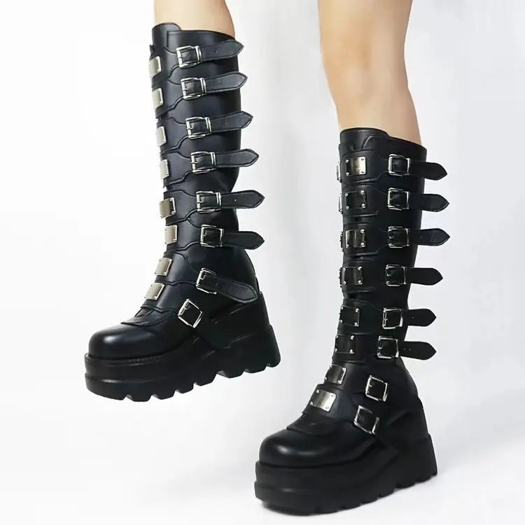Platform Knee-High Boots – Punk Princess Power with Anime Motorcycle Vibes