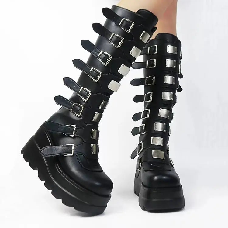 Platform Knee-High Boots – Punk Princess Power with Anime Motorcycle Vibes